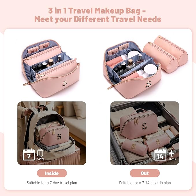 BOYATU Makeup Bag Gift for Women: 3-in-1 Travel Personalized Cosmetic Bag | Initial Make up Bag - Monogram A-Z - Vegan Leather Flat Open Toiletry Organizer - Ideal Gift Set for Birthday Graduation - Image 5