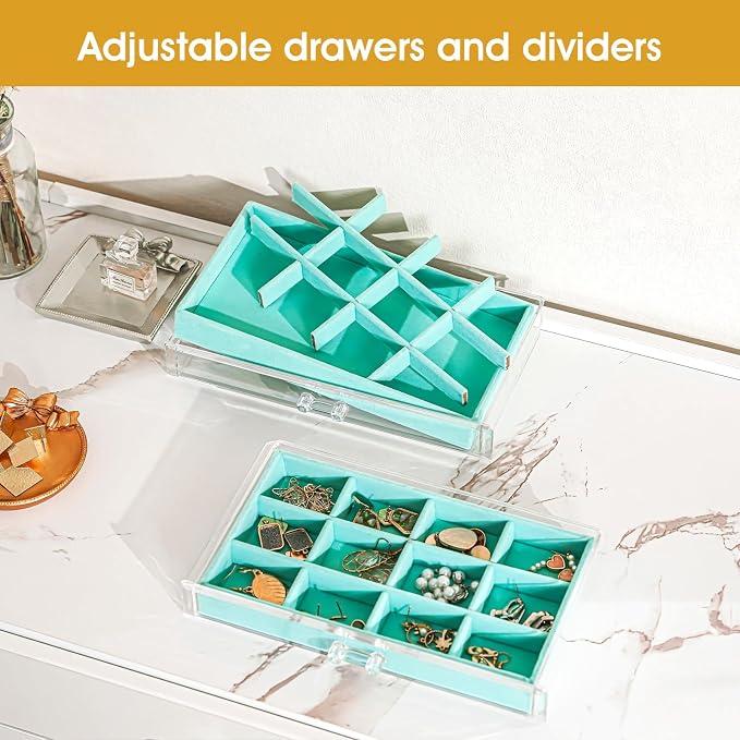 ProCase Earring Holder Organizer Jewelry Box with 3 Drawers, Acrylic Clear Earring Case with Adjustable Velvet Trays for Women - Aqua, 3 Layers - Image 2