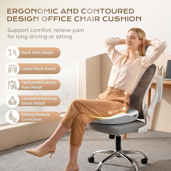 Coverado Seat Cushion for Car Truck Driver, Ergonomic Memory Foam Chair Cushions for Sciatica & Tailbone Pain Relief Cushion Butt Cushion for Long Sitting, Driver Office Seat Cushion Gray&Light Gray - Image 3