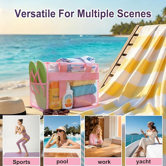 Iridescent Beach Bag, 2Pcs Large Clear Jelly Tote Bag for Women | Jelly Beach Bag, Purple & Pink, Waterproof & Sandproof, Zipper&Snap, Gym Pool Swim Bag Cruise Beach Essential for Family 2026 - Image 6