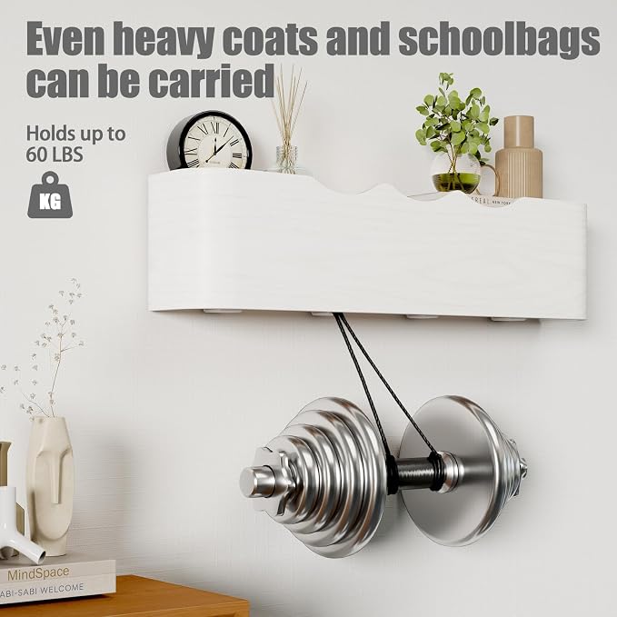 Coat Rack Wall Mount with Shelf 4 Hidden Hooks Modern Wooden Key Holder Entryway Organizer for Hallway Bedroom Bathroom Home Decor Storage for Hanging Coats Hats Bags Towels, Wave-Shape White - Image 4