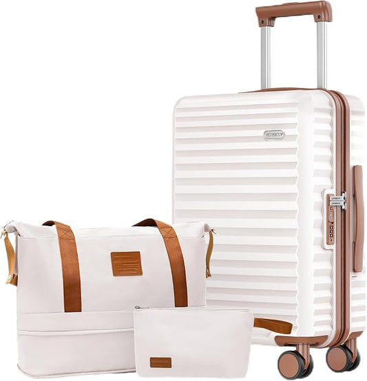 SHOWKOO Suitcase Hardside Expandable Luggage Set, Suitcase with Double Spinner Wheels TSA Lock 3 Piece Set Beige White (DB/TB/28in) by SHOWKOO