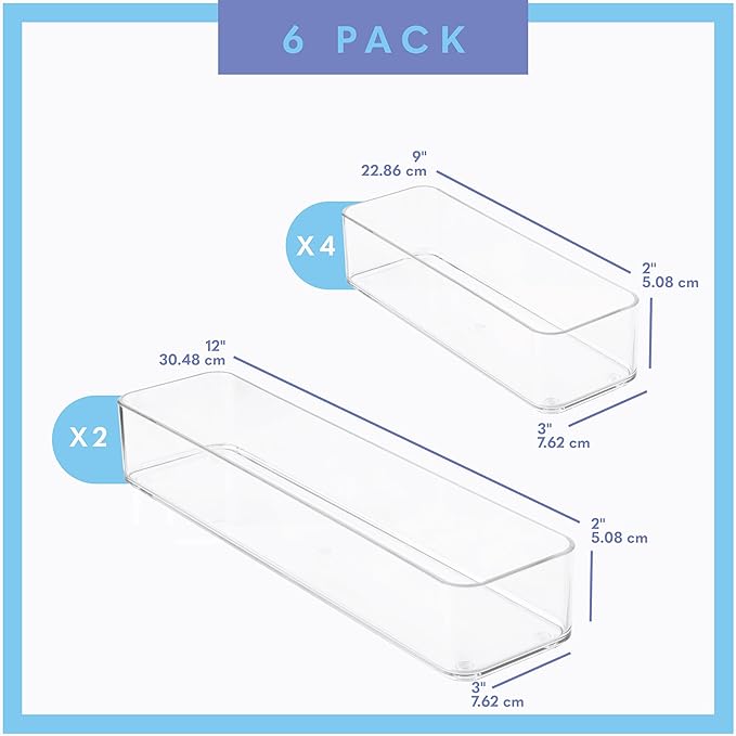 primebox Six Pcs. Plastic Clear Drawer Organizers. Stackable Storage Trays for Kitchen Utensils and Silverware. 2 Sizes. Stackable - Image 3