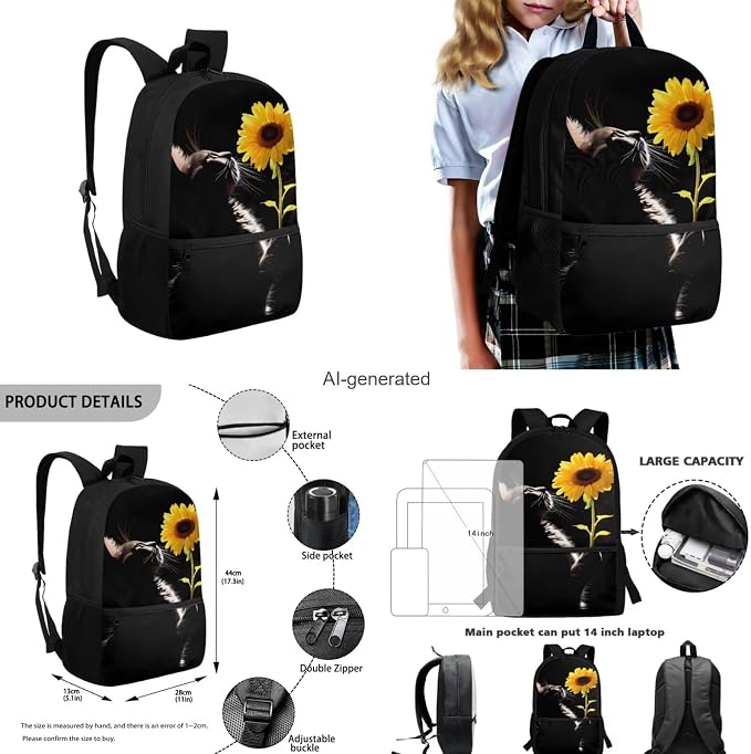 Sunflower Cat Backpack for Girls Kids Backpack with Lunch Box Water Bottle Bag and Soft Pencil Case 4PCS Set Bookbag with Front Pocket for School Teens 17 inch Large Capacity School Bag - Image 3