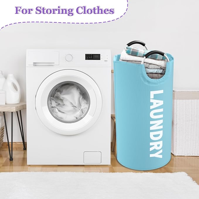 95L Foldable Blue Laundry Basket with Handles, Big Clothes Hamper for Bedroom, Dirty Clothes Basket Stand Upright, Portable Laundry Bag for Dorm, Nursery, Family, Blue - Image 7