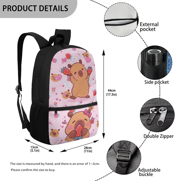 Cute Capybara Backpacks Kids School Bag with Lunch Box Pencil Case Water Bottle Sleeve Bookmark for Boys Girls 17 Inch Elementary School Daypack Travel Camping - Image 3