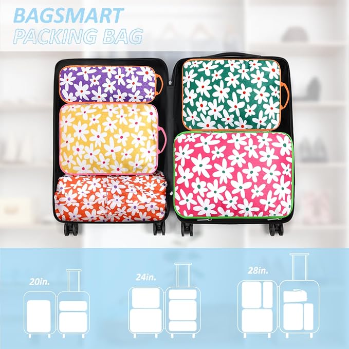 7 Piece Daisy Flower Compression Packing Cube Bundle | Slim Design, Multi-Size Luggage Organizers, Travel Essential Bag for Clothes, Shoes, Cosmetics & Toiletries, Multi - Image 5