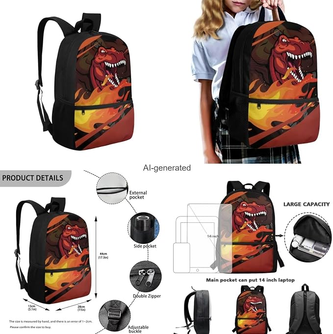 Dinosaur Backpack for Kids 5-7 Boys Backpack with Lunch Box Water Bottle Holder and Soft Pencil Case 4PCS Set Bookbag with Front Pocket 17 inch Large Capacity School Bag for Elementary Boys - Image 3