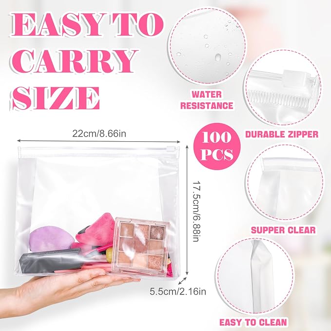 Xuniea 100 Pcs Mini Clear Makeup Bag PVC Small Travel Toiletry Organizer Pouches Bulk Waterproof Transparent Plastic Cosmetic Bag with Zipper for Women Men Travel(8.6'') - Image 2