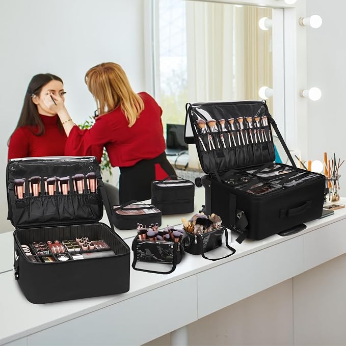 TANTO Rolling Makeup Train Case, 4 in 1 Extra Large Cosmetology Case on Wheels Professional Salon Travel Cosmetic Organizer for Makeup Artists with 7 Pouches, Adjustable Dividers & Swivel Wheels - Image 4