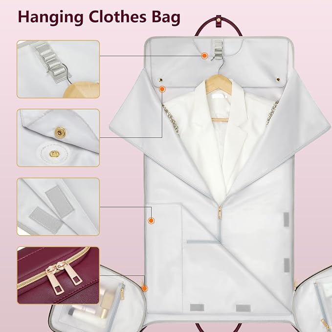 Garment Bags for Travel, Convertible Suit Travel Bag for Women, Cute Carry On Garment Bag w/Shoes Pouch, 2 in 1 Foldable PU Leather Hanging Duffle Bag, Single-Zipper Design, Sangria - Image 6