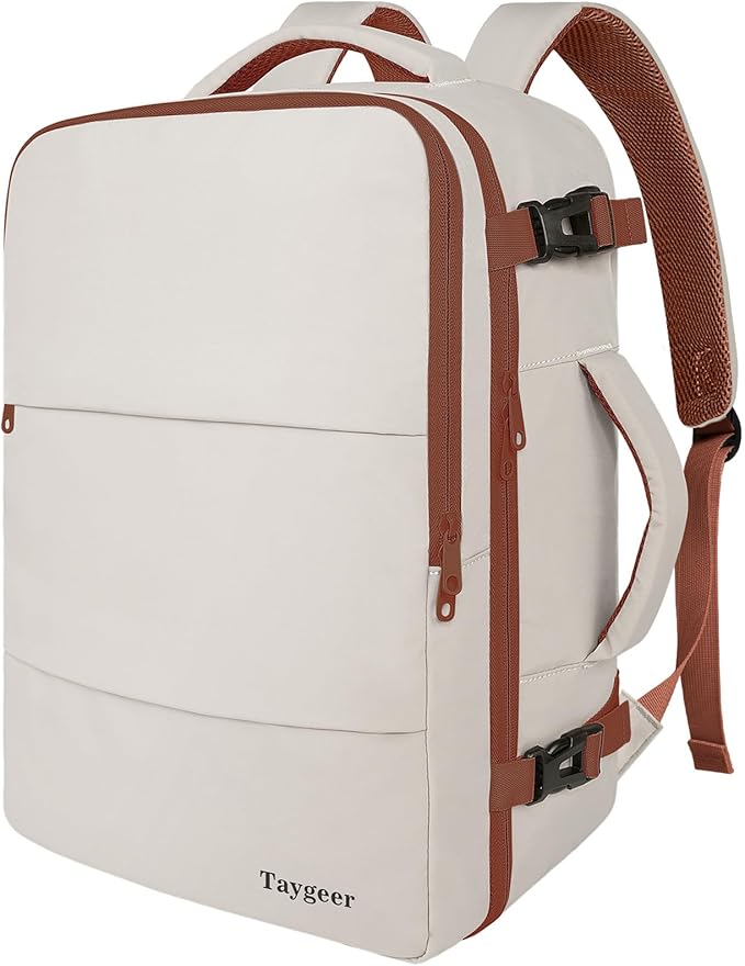 Taygeer Backpack for Women, College Backpack with Laptop Compartment | Travel Laptop Mochila Carry On Luggage with Shoe Pouch, Airline Approved Personal Item Bag For Weekender Hiking, Khaki White by Taygeer