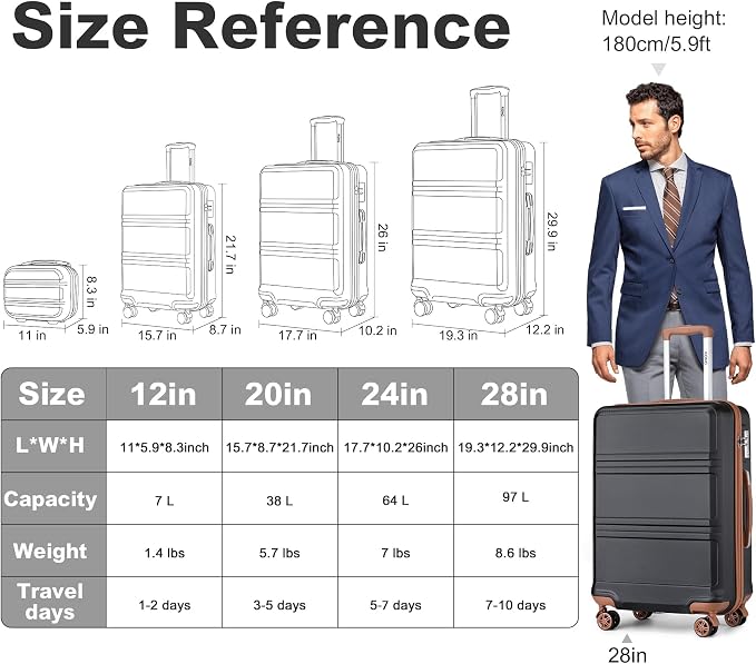 Kono 24 Inch Luggage Suitcase with Spinner Wheels TSA Lock | Lightweight PC+ABS Hardside Medium Checked Luggage Durable Rolling Suitcase Apricot Black - Image 6