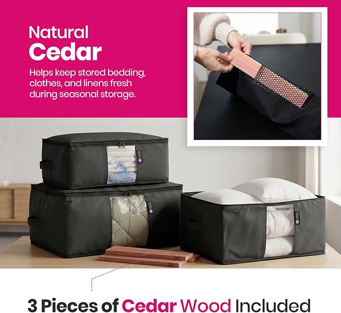 Cedar Storage Bag Organizer for Bedding Set - Protects from Moths, Moisture, Dirt & Dust - Set of 3 Storage Bags for Bed Sheets, Comforter, Pillows & More - Space-Saving Bedding Organizer, Black - Image 4