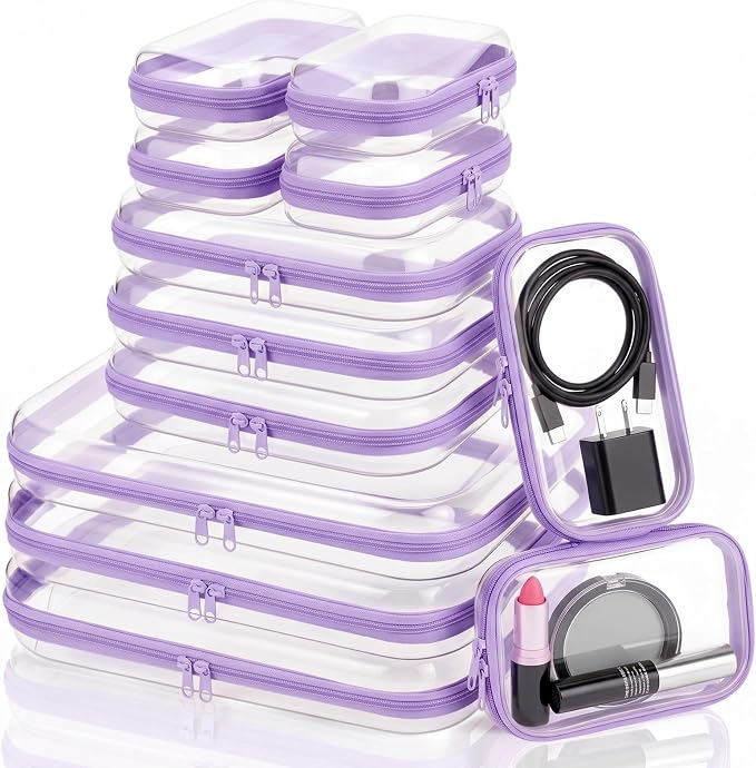 12 Pack Clear Hard Shell Zipper Case with 40 Labels, X-Large/Medium/Small Stackable Clear Pouches, Crush-resistant Travel Toiletry Bag Organizer for Makeup Board Games Electronics (Purple) by Unknown