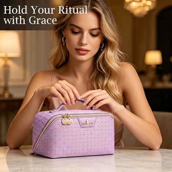 Travel Makeup Bag for Women: Designer 3 Pcs Set Cosmetic Bags for Women - Large Capacity Vagen Leather Hand-made for Toiletry Organizer - Ladies Travel Flat Open Essentials for Luxury (06Purple) - Image 3