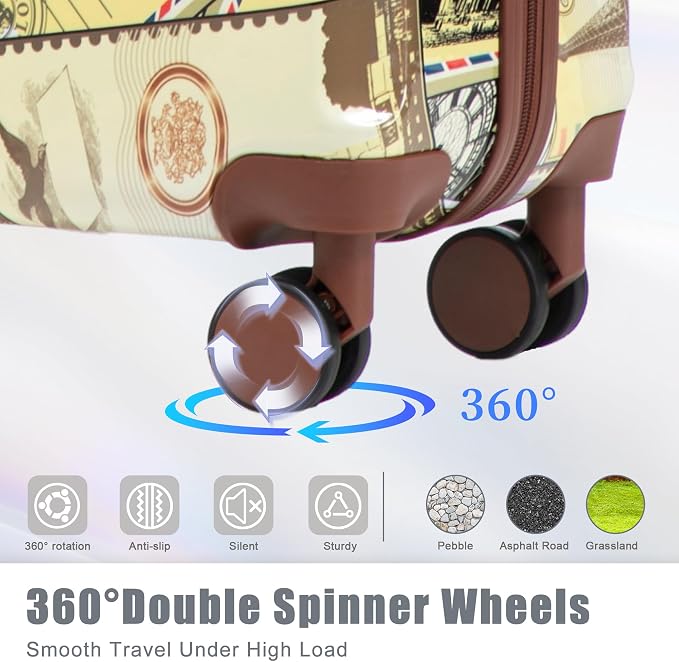 GDFStudio 20/24/28 Inch 3 Piece Hardshell Luggage Set with 360°Spinner Wheels,Lightweight & Waterproof,Polycarbonate Carry On Suitcase with Combination Lock,Retractable Handle,City Stamp Pattern - Image 9