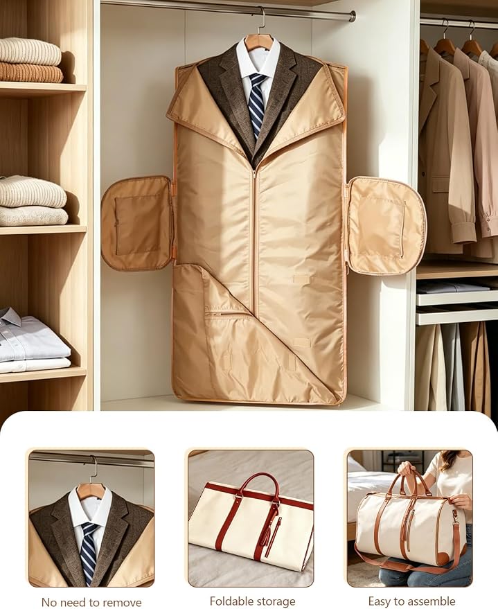 2 in 1 Convertible Garment Duffle Bags for Travel 45L Carry on Duffle Bag for Men & Women with Shoe Lmproved Zipper and Reinforced Straps Suitable for Business & Weekend Trips Beige - Image 7