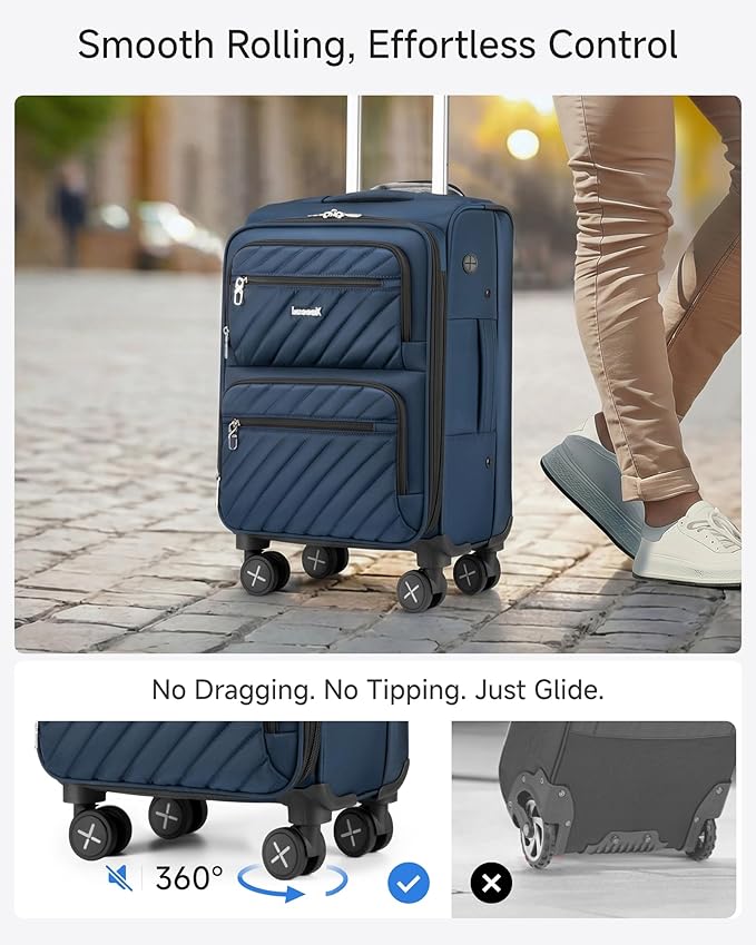 LUGGEX Carry On Luggage with Wheels, Expandable Soft Sided Rolling Suitcase with 8 Spinner Wheels & Aluminum Handle, Lightweight Travel Bag for Business Weekend Trip (UX-Core, Blue,20 Inch) - Image 3