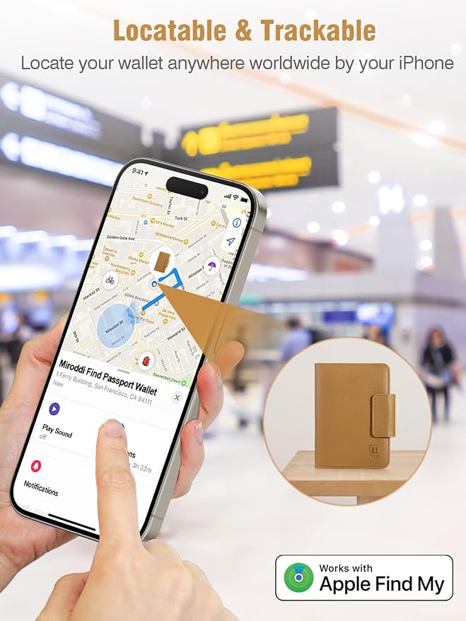 Miroddi Passport Holder for Travel, Works with Find My, Premium Leather Passport Wallet Card Holder for Men and Women, Trackable Passport Cover Case with 8 Card Slots, RFID Blocking, ID Window, Brown - Image 3