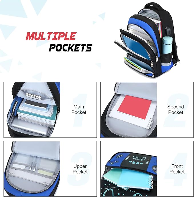 Bevalsa Backpack for Boys with 43OZ Bento Lunch Box,Insulated Lunch Bag & Pencial Case,Cool Luminous Gamer Schoolbag for Kids Teens Elementary Middle School,Bookbag Glow In The Dark - Image 3