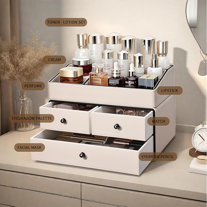 KINGFOM Leather Makeup Organizer with 3 Drawers, 2 Tier Cosmetic Storage Organizer for vanity Dresser Countertop and Bathroom Vanity, Beauty Holder for Lipstick Brush Skincare (Beige) - Image 8