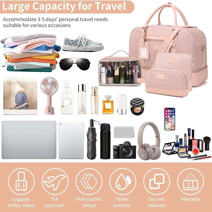 Wogarl 4PCS Weekender Bags for Women Large Overnight Weekend Travel Duffel Carry on Shoulder with Shoe Compartment Canvas Toiletry Bag for Travel Business Gym - Image 3
