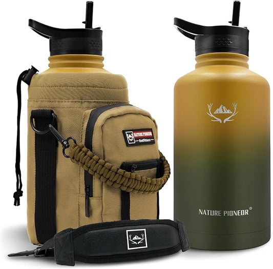 NATURE PIONEOR 64 oz Insulated Water Bottle with Carrier Bag & 3 Lids | 18/8 Food-grade Stainless Steel, Double Vacuum Insulation, 3 Leak-proof Lids, Strap, Camping, Hiking, Gym, Work by NATUREPIONEOR