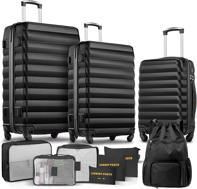 Suitour Luggage Sets 3 Piece Carry On Luggage with Spinner Wheels ABS Hard Case Travel Suitcase Set(20/24/28 inch) 6 PC Packing Bags & Drawstring Backpack by Suitour