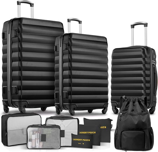 Suitour Luggage Sets 3 Piece Carry On Luggage with Spinner Wheels ABS Hard Case Travel Suitcase Set(20/24/28 inch) 6 PC Packing Bags & Drawstring Backpack by Suitour