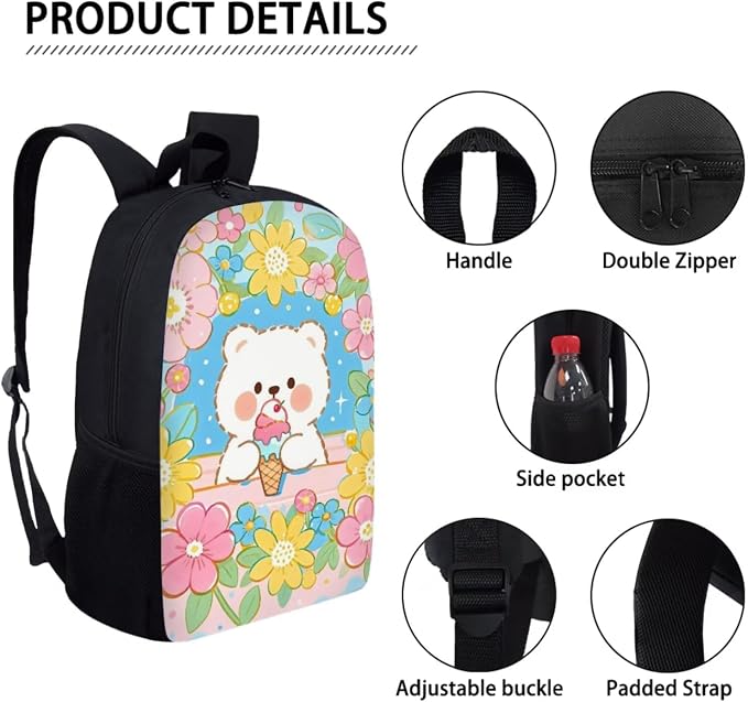 Forchrinse Bear Backpack with Lunch Box Cute School Backpacks for Girls 8-7 10-12 and Lunchbox 17 Inch Large Capacity Primary School Bag Lunch Bag Pencil Case, 3-in-1 - Image 7