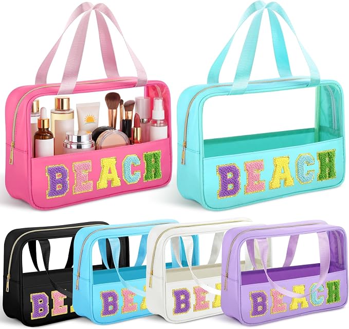 Hillban 6 Pcs Clear Beach Makeup Bags Bulk Travel Toiletry Bags with Handle Chenille Letter Large Waterproof Storage Preppy Patch PVC Nylon Cosmetic Bag for Summer Beach Pool Vacation Women Gift by Hillban
