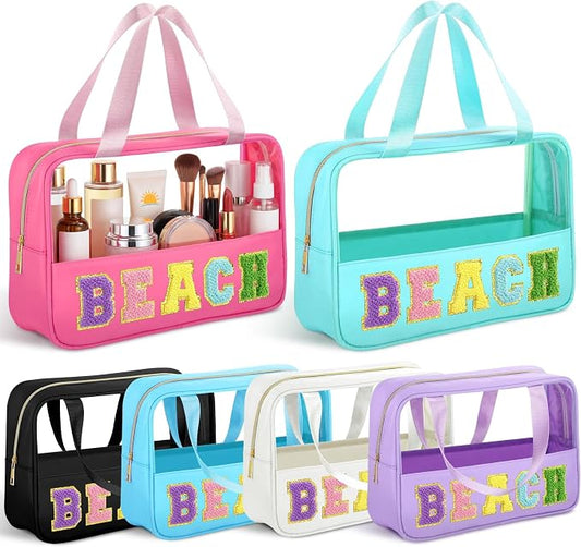 Hillban 6 Pcs Clear Beach Makeup Bags Bulk Travel Toiletry Bags with Handle Chenille Letter Large Waterproof Storage Preppy Patch PVC Nylon Cosmetic Bag for Summer Beach Pool Vacation Women Gift by Hillban