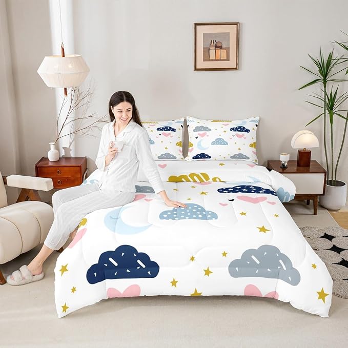 Kawaii Comforter Set With 2 Pillow Cases, Moon Stars Cloud Bedding Set King Size For Kids Girls Boys Children,Pink Love Heart Quilt Cartoon Rainbow Down Comforter Soft Cozy Lightweight Duvet Insert - Image 2
