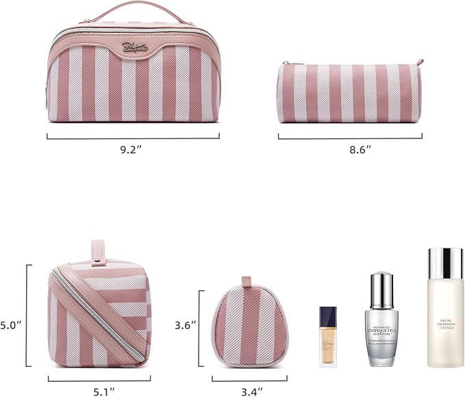 BOYATU Travel Makeup Bag Cosmetic Bag for Women: 3 Pcs Set Striped Make up Bag with Compartments - Waterproof Vegan Leather Toiletry Bags with Handle - Makeup Organizer for Travel Essentials(A-3-Pink) - Image 9