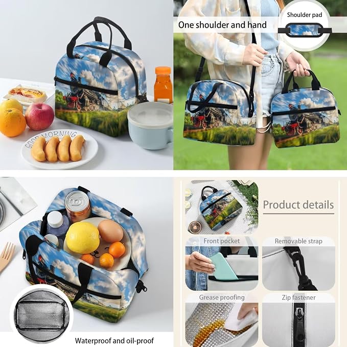 School Backpack Set Include Insulated Lunch Bag and Pencil Box and Water Bottle Bag, Train Print 4 Pcs School Bookbag Outdoor Travel Bags Casual Daypack for Teens Kids - Image 4