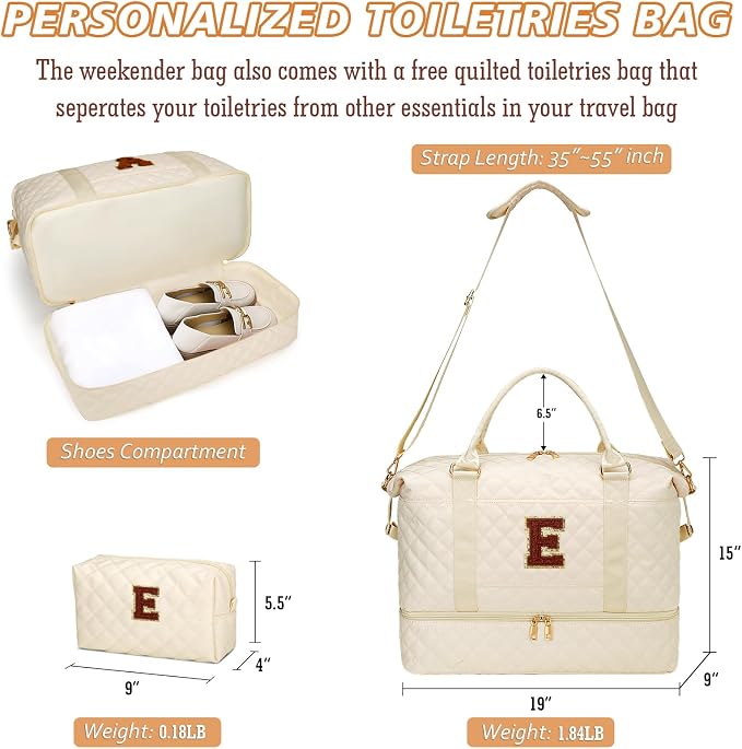 Graduation Gift for Her Women Gift-Birthday Gifts Initial Travel Duffle Bag Quilted Weekender Bags Carry-On Overnight with Cosmetic Bag, Gym Bag with Shoe Compartment, Beige-E - Image 7