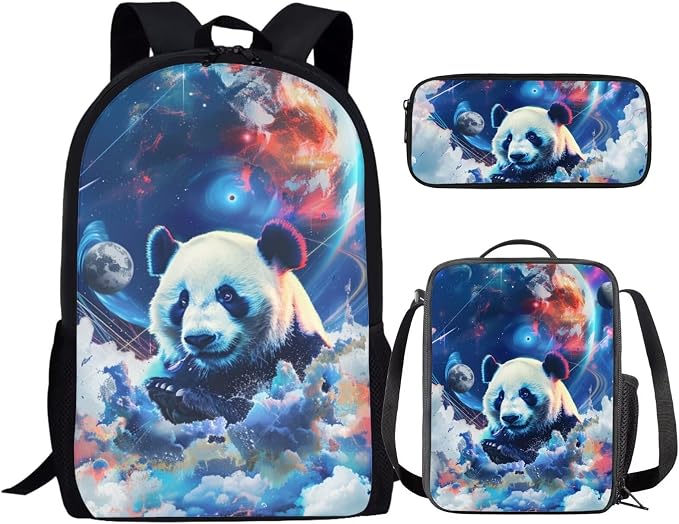 17 Inch Animal Print School Backpack And Lunch Box Set for Kids Lightweight Cool Planet Panda Backpack for Boys Girls Sturdy School Bag with Insulated Lunchbox Pencil Case Student Bookbag by Parprinty