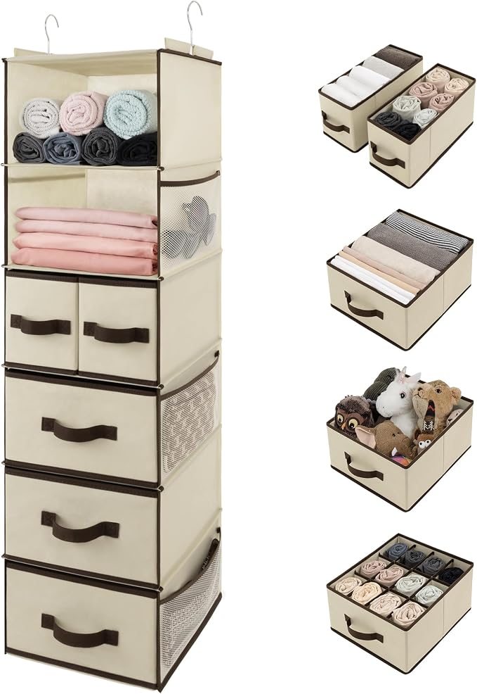 GRANNY SAYS Hanging Closet Organizers and Storage 6 Shelves, Closet Hanging Organizer with 5 Drawers, 6 Side Pockets Hanging Storage Organizer, Portable Clothes Organizer for Closet, Beige by GRANNYSAYS