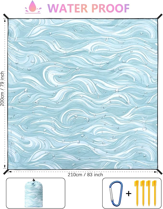 HIHOHO Beach Blanket Waterproof Sandproof Beach Mat for 1-8 Adults Quick Drying Durable Outdoor Picnic Mat for Beach Festival Travel Camping Hiking (Ocean Wave-Dark BL, 79"×83"(4 Person)) - Image 2