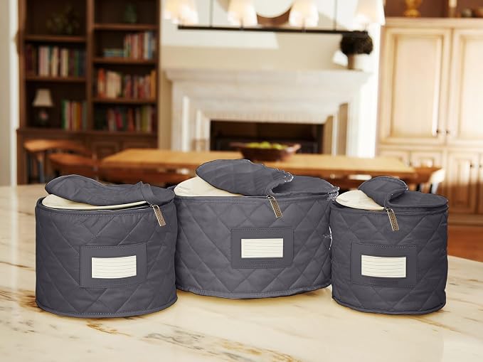 Covermates Keepsakes Dish Storage Set – Padded China & Dinnerware Storage Cases with Dividers, Cup & Stemware Storage, Quilted Polyester Protection, ID Window, Slate - Image 4