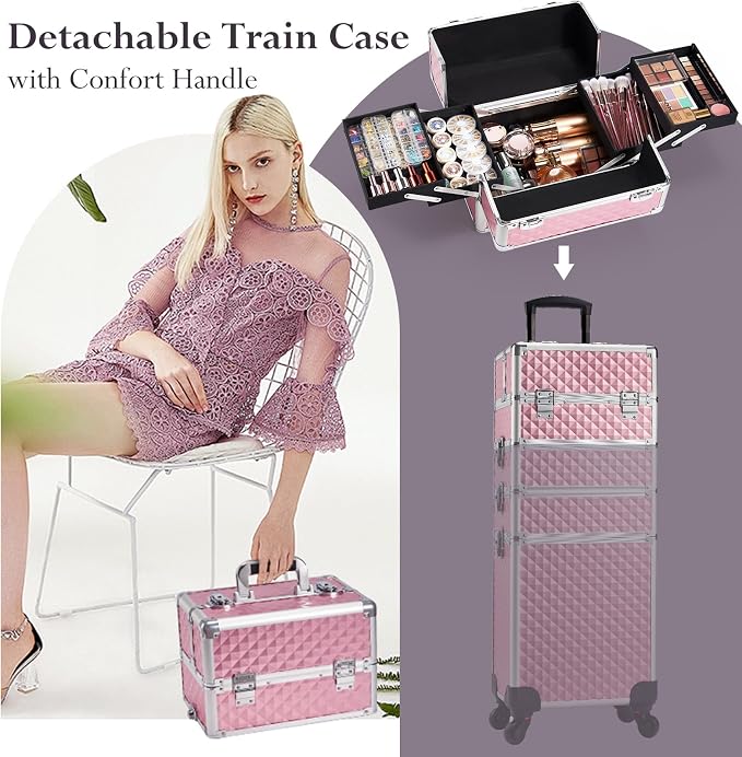 Faquenc Professional 4 in 1 Rolling Makeup Train Case with Wheels Cosmetic Trolley and Cosmetology Cart Trunk for Makeup Artists Hairstylists Nail Techs and Salons Large Capacity Pink - Image 2