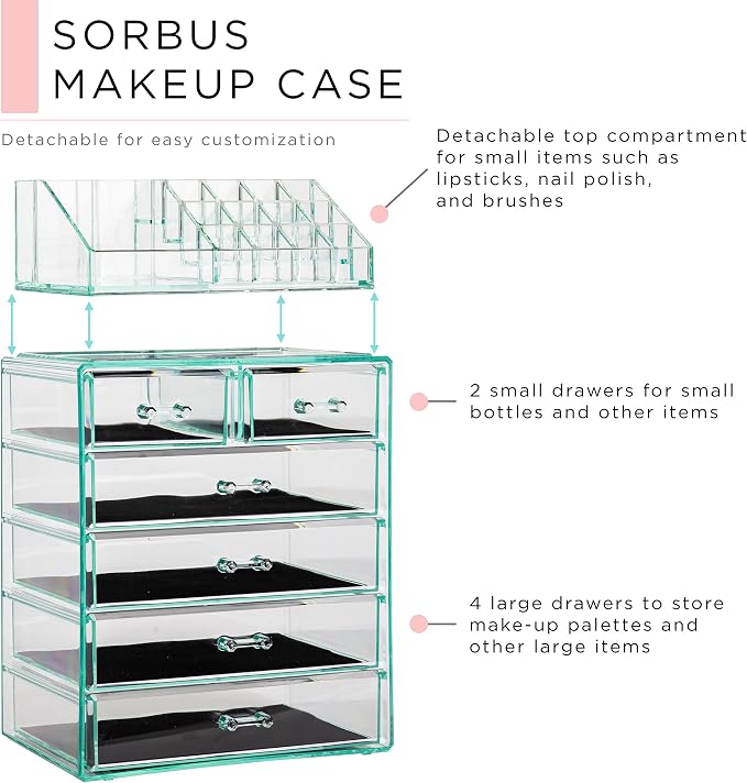 Sorbus Acrylic Makeup Organizer Set, 6-Drawer Vanity & Countertop Cosmetic Storage with Small & Wide Compartments, Teal Thrill Makeup Storage for Brushes, Jewelry – Holiday Gift for Women & Teens - Image 4