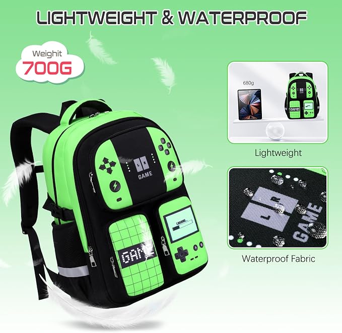 Gamer Backpack for Boys , 3PCS Boys Backpack with Lunch Box & Pencil Pouch, Waterproof School Bags for Boy Kids Children Teens, Elementary Middle School, Kids Book Bag Casual Daypack (Neon Green) - Image 4