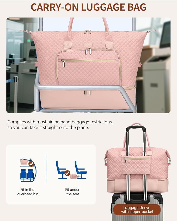 Weekender Bags for Women Travel, Under Seat Carry On Bags for Airplanes Overnight Bag with Shoe Compartment Luggage Sleeve, Foldie Travel Tote Bag Hospital Bag, Travel Gifts, Pink - Image 7