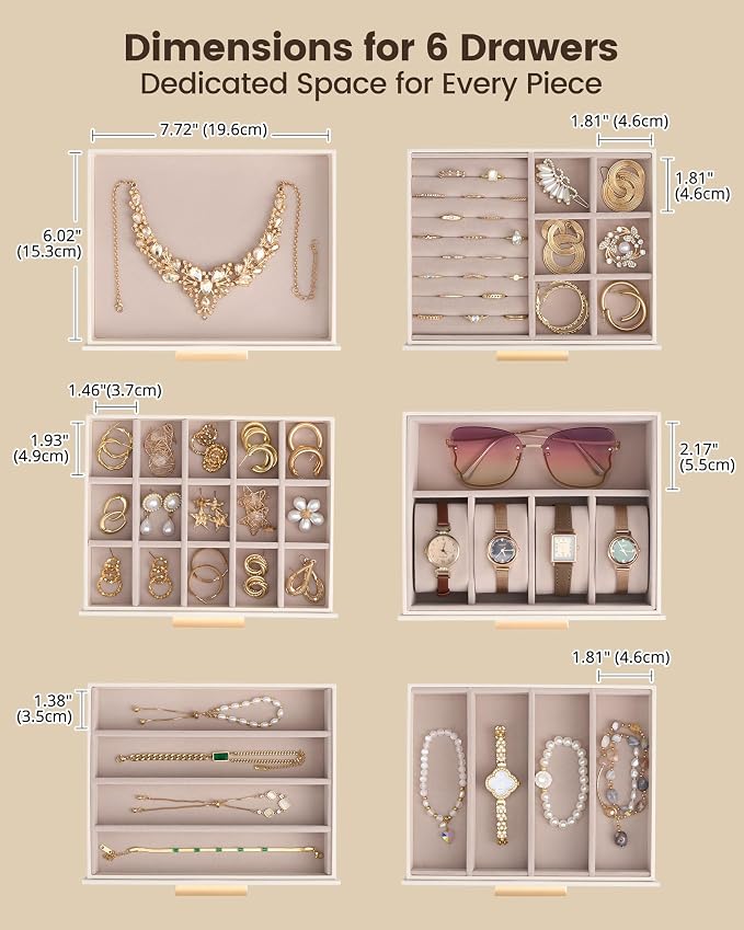 Lolalet Large Jewelry Box Organizer for Women, 7-Layer Jewelry Organizers and Storage Case with Mirror & 6 Drawers, Lockable Watch Ring Earring Bracelet Necklace Holder Girls Gift -7Layer, Beige - Image 7