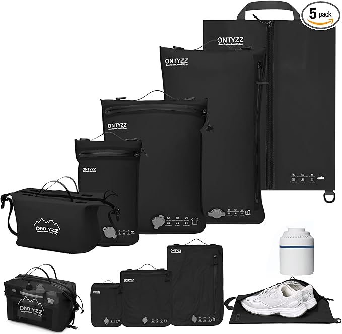 ONTYZZ Vacuum Bags for Travel, Professional Reusable Organizer Bag with IPX8 Waterproof Zipper, Durable Seal Space Saver and ShoseBags for Traveling Essentials, Black (5 Set With Pump) by OTNYZZ