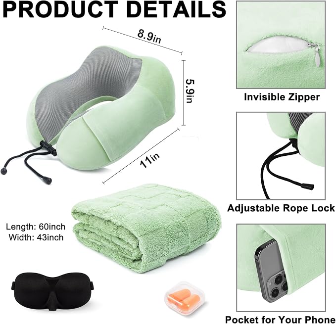 urnexttour Travel Pillow and Blanket Set Neck Pillows Soft Blankets with Sleep Mask Travel Essentials for Airplane Car Memory Foam Sage Green - Image 5