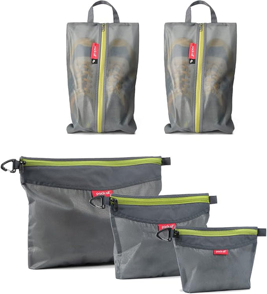 pack all Grey Bundle | Water Resistant 2 Pcs Shoe Bag & 3 Pcs Zipper Pouch Set for Travel, Home, Outdoor by packall