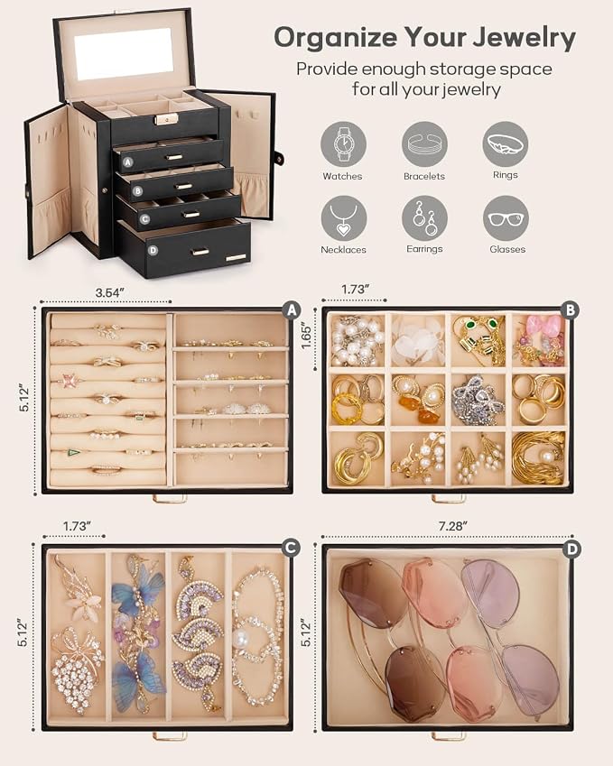 Homde Synthetic Leather Huge Jewelry Box Mirrored Watch Organizer Necklace Ring Earring Storage Lockable Gift Case (Black + Gold) - Image 3